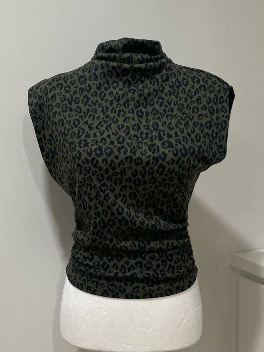 NWT Amara Rib Top Olive Green Black Cheetah Animal Edgy Streetwear Mock Neck